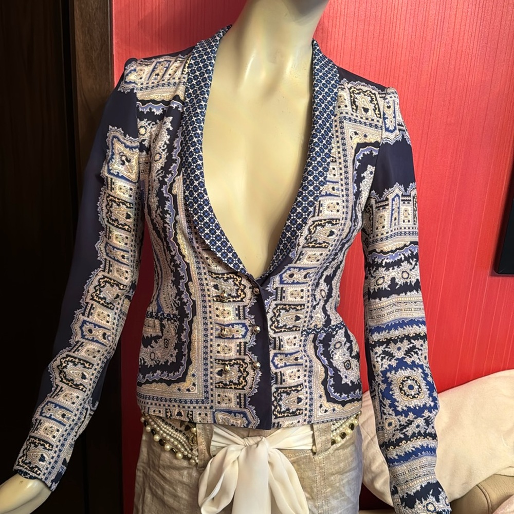 Zara women printed silk double breasted padded shoulder jacket S